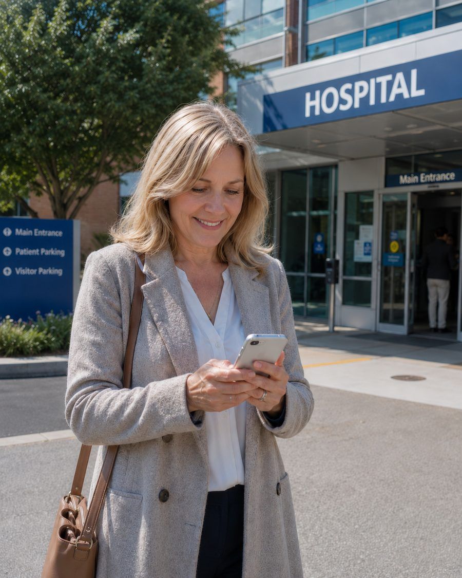 A woman checking her phone outside a hospital entrance
